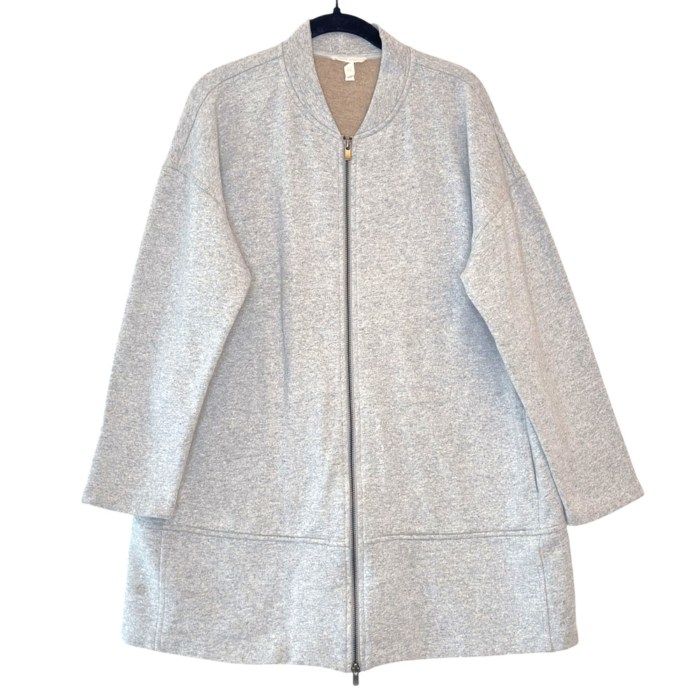 Eileen Fisher Long Cardigan Coat Women M Gray Fleece Full Zip Cozy Comfy Classic